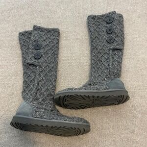 UGG Boots Womens Size 7 Gray Classic Argyle Knit Tall Knee High Button 3066